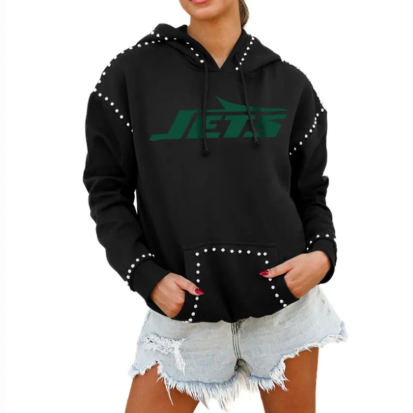 Jackets^New York Jets Women's Gameday Couture Black Catch The Vibe Studded Pullover Hoodie