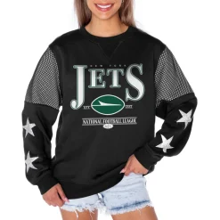 Jackets|Sweatshirts & Fleece^New York Jets Women's Gameday Couture Black Rhinestone Star Mesh Shoulder Fleece Pullover Sweatshirt