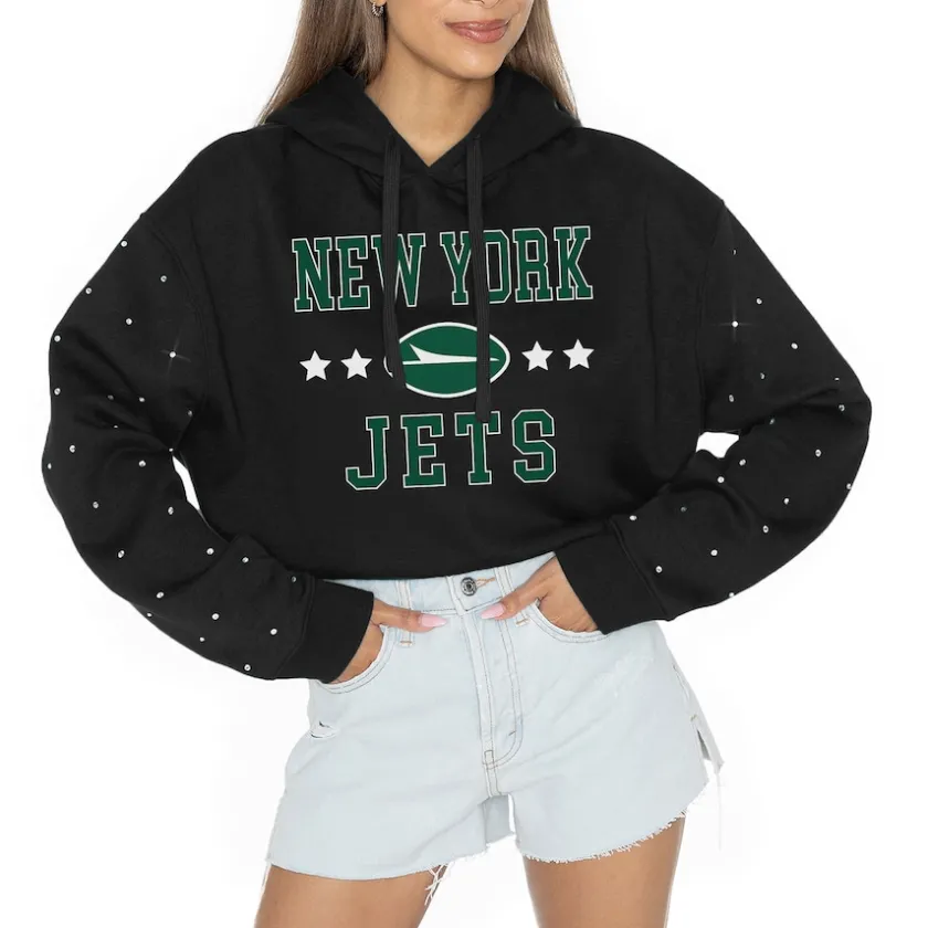 Jackets^New York Jets Women's Gameday Couture Black Like A Star Scrunch Waist Pullover Hoodie
