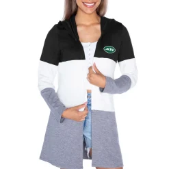 Sweaters & Dress Shirts|Sweaters^New York Jets Women's Gameday Couture Black Tri-Blend Color Block Lightweight Cardigan Hoodie