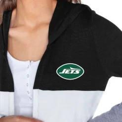 Sweaters & Dress Shirts|Sweaters^New York Jets Women's Gameday Couture Black Tri-Blend Color Block Lightweight Cardigan Hoodie