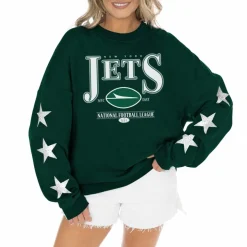 Sweatshirts & Fleece|Women^New York Jets Women's Gameday Couture Green Rhinestone Star Sleeve Settle The Score Tri-Blend Pullover Sweatshirt