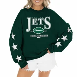 Sweatshirts & Fleece|Women^New York Jets Women's Gameday Couture Green Rhinestone Star Sleeve Settle The Score Tri-Blend Pullover Sweatshirt