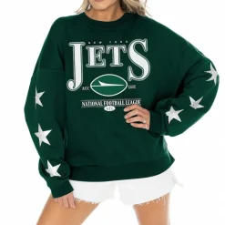 Sweatshirts & Fleece|Women^New York Jets Women's Gameday Couture Green Rhinestone Star Sleeve Settle The Score Tri-Blend Pullover Sweatshirt