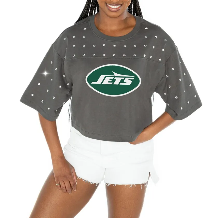 T-Shirts|Women^New York Jets Women's Gameday Couture Gray All-Over Rhinestone Cropped Oversized T-Shirt