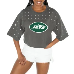 T-Shirts|Women^New York Jets Women's Gameday Couture Gray All-Over Rhinestone Cropped Oversized T-Shirt