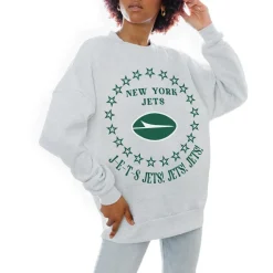 Jackets|Sweatshirts & Fleece^New York Jets Women's Gameday Couture Oatmeal Superstar Premium Fleece Drop Shoulder Pullover Sweatshirt