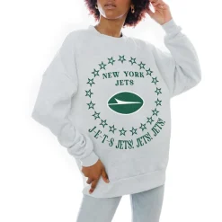Jackets|Sweatshirts & Fleece^New York Jets Women's Gameday Couture Oatmeal Superstar Premium Fleece Drop Shoulder Pullover Sweatshirt