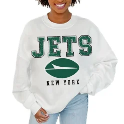Jackets|Sweatshirts & Fleece^New York Jets Women's Gameday Couture White Sunday Drives Oversized Crewneck Pullover Sweatshirt