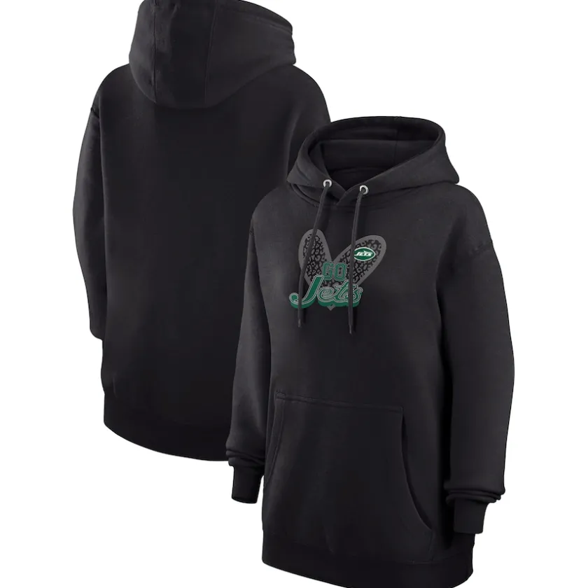 Jackets^New York Jets Women's G-III 4Her By Carl Banks Black Animal Print Heart Team Graphic Fleece Tri-Blend Pullover Hoodie