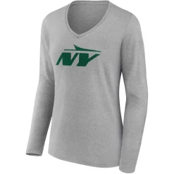 Long Sleeved^New York Jets Women's Gray Secondary Logo Long Sleeve V-Neck T-Shirt