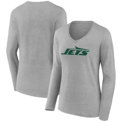 Long Sleeved^New York Jets Women's Gray Primary Logo Long Sleeve V-Neck T-Shirt