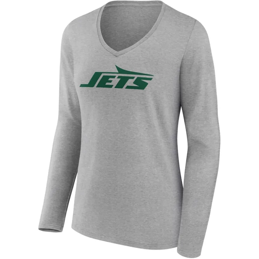 Long Sleeved^New York Jets Women's Gray Primary Logo Long Sleeve V-Neck T-Shirt