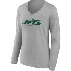 T-Shirts|Women^New York Jets Women's Heather Gray Logo Team Lockup Long Sleeve V-Neck T-Shirt
