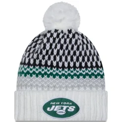 Hats|Women^New York Jets Women's New Era White 2023 Sideline Cuffed Knit Hat With Pom