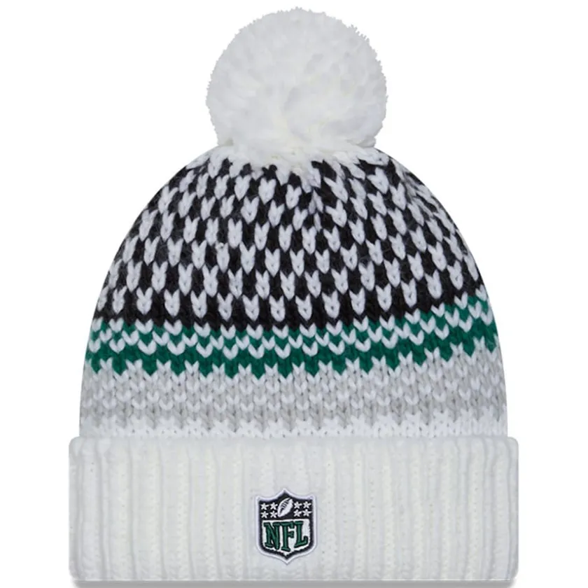 Hats|Women^New York Jets Women's New Era White 2023 Sideline Cuffed Knit Hat With Pom