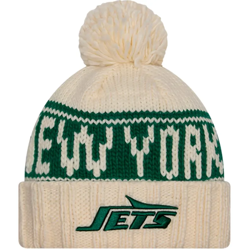 Hats|Women^New York Jets Women's New Era Cream 2024 Sideline Cuffed Knit Hat With Pom