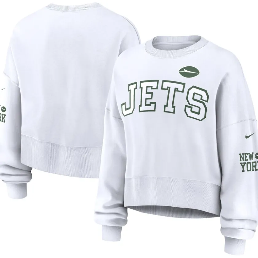 Sweatshirts & Fleece|Women^New York Jets Women's Nike White Oversized Long Sleeve Cropped Sweatshirt
