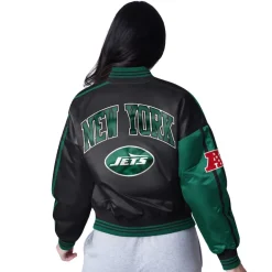 Jackets^New York Jets Women's Starter Green/Black Zone Blitz Cropped Full-Snap Satin Jacket