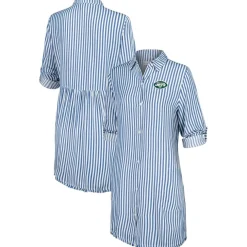 Swimsuits^New York Jets Women's Tommy Bahama Blue/White Chambray Stripe Cover-Up Shirt Dress