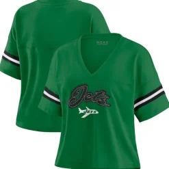T-Shirts|Women^New York Jets Women's WEAR By Erin Andrews Kelly Green Color Block Boxy V-Neck T-Shirt