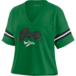 T-Shirts|Women^New York Jets Women's WEAR By Erin Andrews Kelly Green Color Block Boxy V-Neck T-Shirt