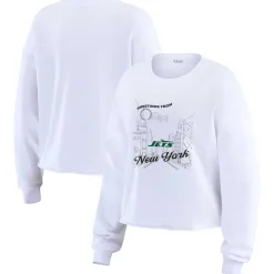 Long Sleeved^New York Jets Women's WEAR By Erin Andrews White Postcard Cropped Long Sleeve Top