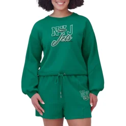 Underwear & Sleepwear^New York Jets Women's WEAR By Erin Andrews Green Washed Fleece Long Sleeve T-Shirt & Shorts Lounge Set