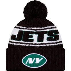 Hats|Kids^New York Jets Youth New Era Black 2024/25 Sideline Cuffed Knit Hat With Pom