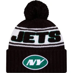 Hats|Kids^New York Jets Youth New Era Black 2024/25 Sideline Cuffed Knit Hat With Pom
