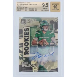 Trading Cards^New York Jets Zach Wilson Autographed 2021 Panini Donruss Optic Gold Vinyl Prizm #RGK-2 #1/1 BGS Authenticated 9.5/10 Rookie Card - 9.5,9.5,9.5,9.5 Subgrades