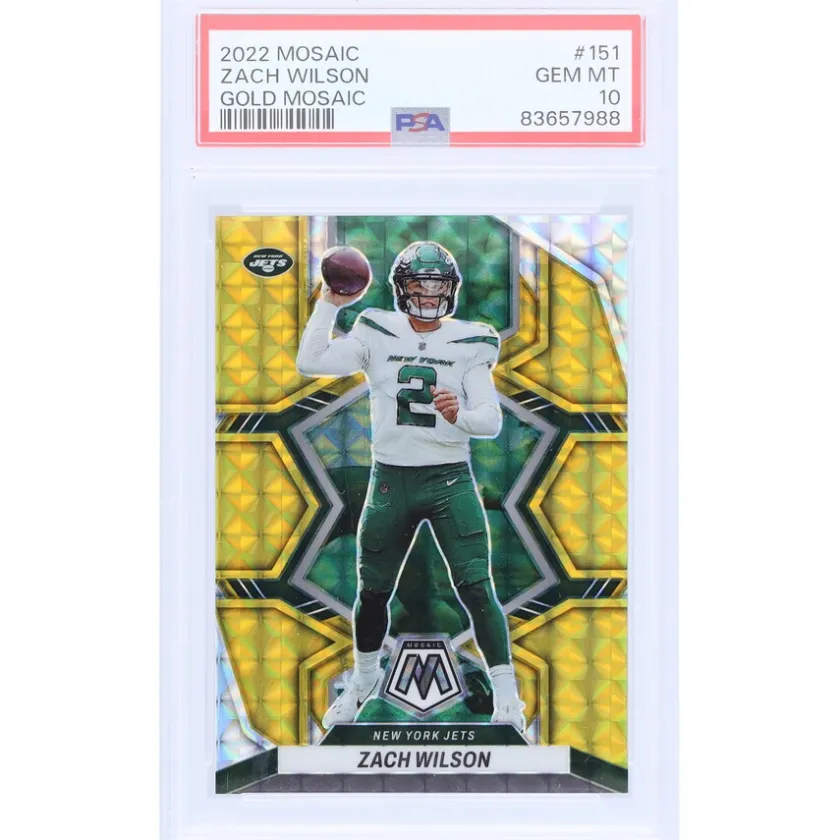 Trading Cards^New York Jets Zach Wilson 2022 Panini Mosaic Gold Mosaic #151 #3/10 PSA Authenticated 10 Card