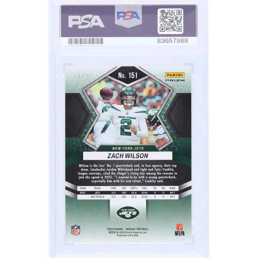 Trading Cards^New York Jets Zach Wilson 2022 Panini Mosaic Gold Mosaic #151 #3/10 PSA Authenticated 10 Card