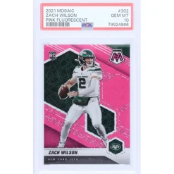 Trading Cards^New York Jets Zach Wilson 2021 Panini Mosaic Pink Fluorescent #302 #3/10 PSA Authenticated 10 Rookie Card