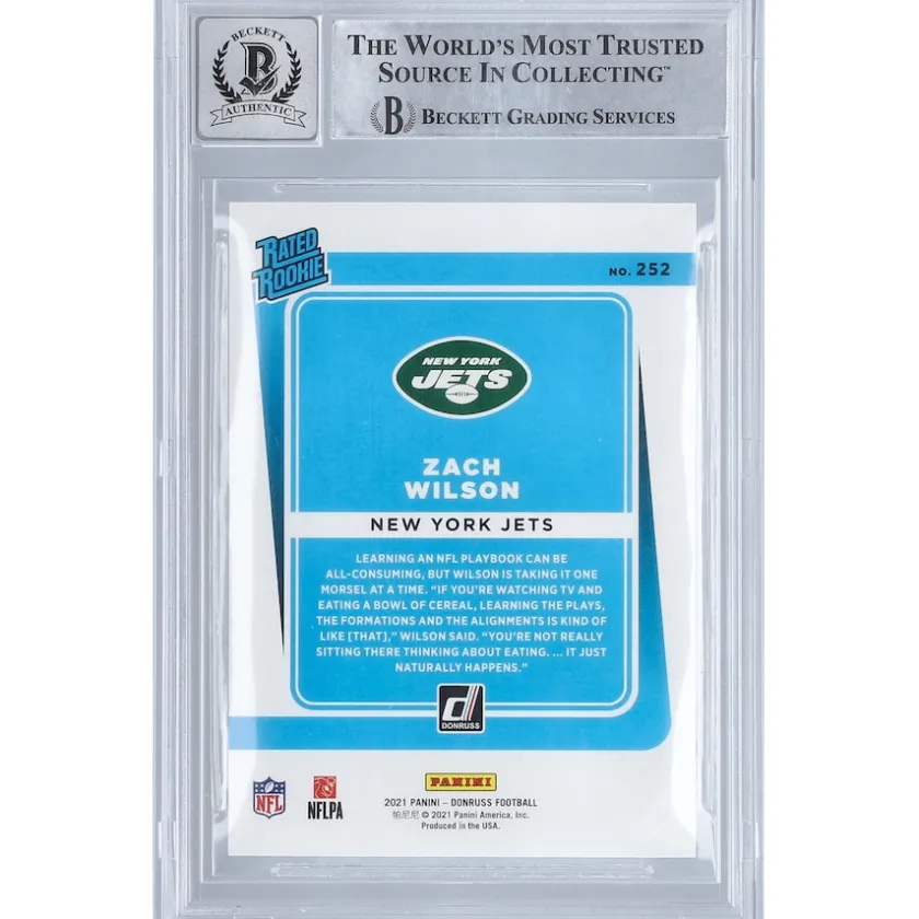 Trading Cards^New York Jets Zach Wilson Autographed 2021 Panini Donruss #252 BAS Authenticated 10 Rookie Card